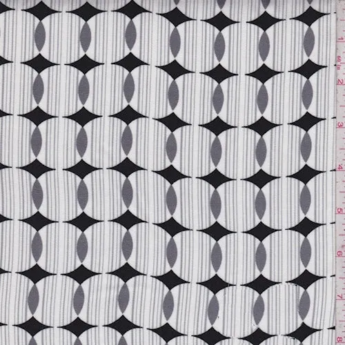 1 3/4 YD PC-White/Black/Grey Circle Stripe Rayon Challis Fabric