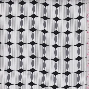 1 3/4 YD PC-White/Black/Grey Circle Stripe Rayon Challis Fabric