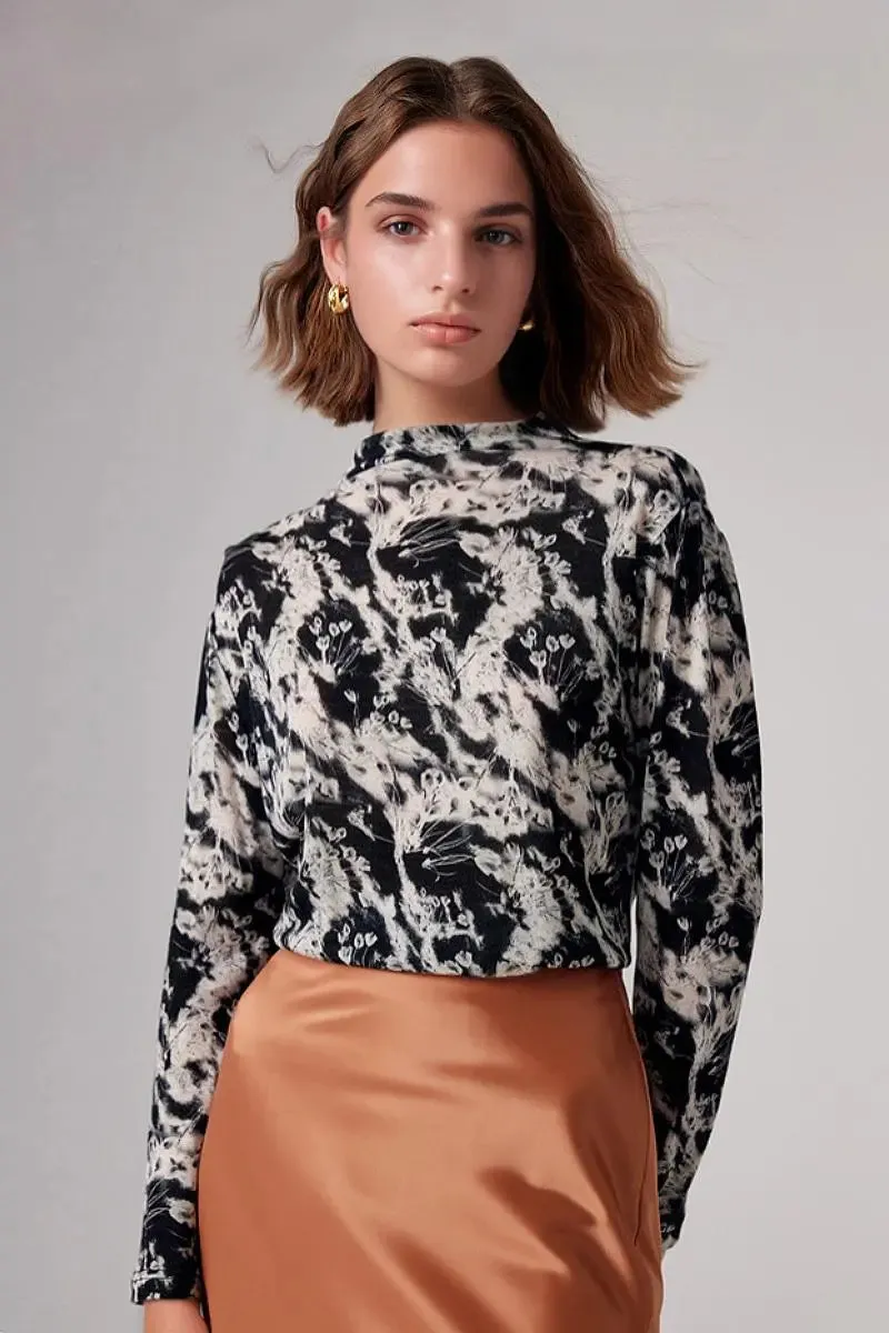 100 Merino Wool Flower Printed Mock Neck Base Layer