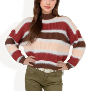 Anna-Kaci Women's Striped Mock Neck Sweater with Color Block Design and Long Sleeves