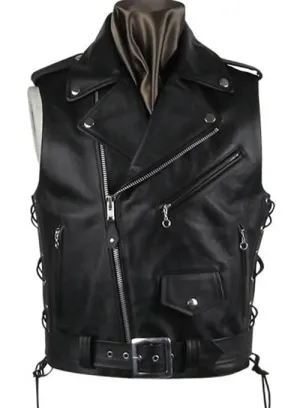 Black Leather Biker Vest for Men