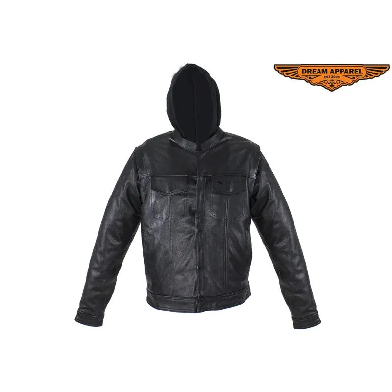 Black Leather Jacket with Removable Sleeves & Hoodie