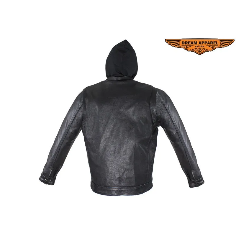 Black Leather Jacket with Removable Sleeves & Hoodie