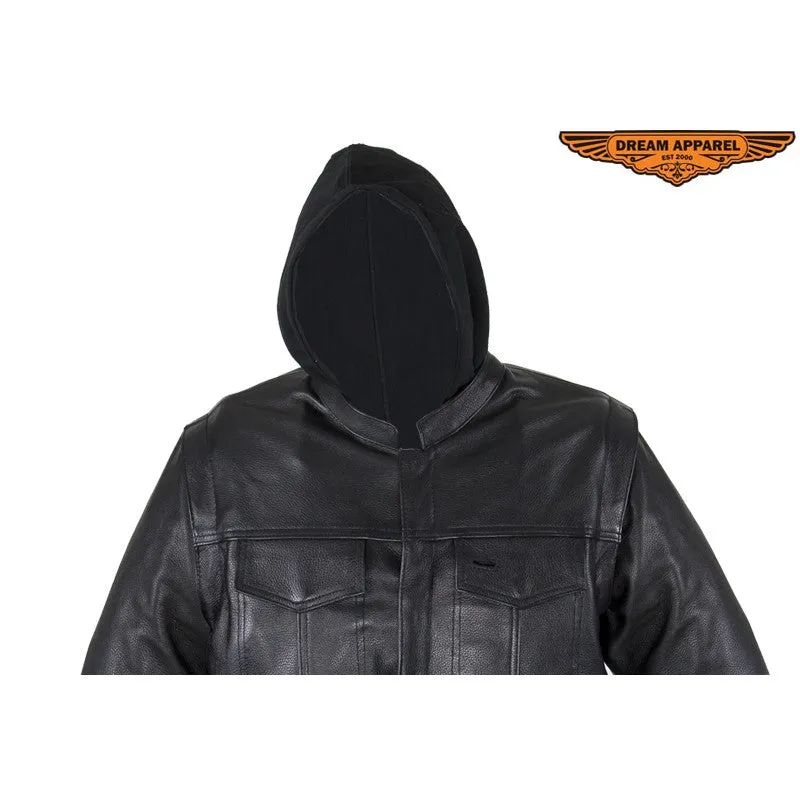 Black Leather Jacket with Removable Sleeves & Hoodie