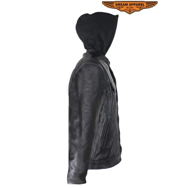 Black Leather Jacket with Removable Sleeves & Hoodie