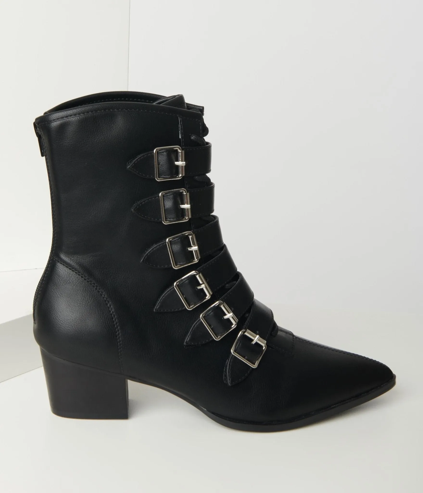 Black Leatherette Buckle Coven Boots