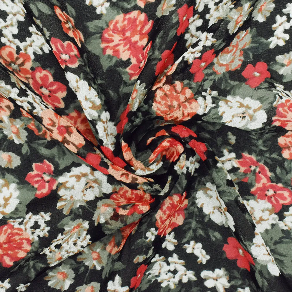 Black-Red-Multi Floral Printed Poly Chiffon Woven Fabric