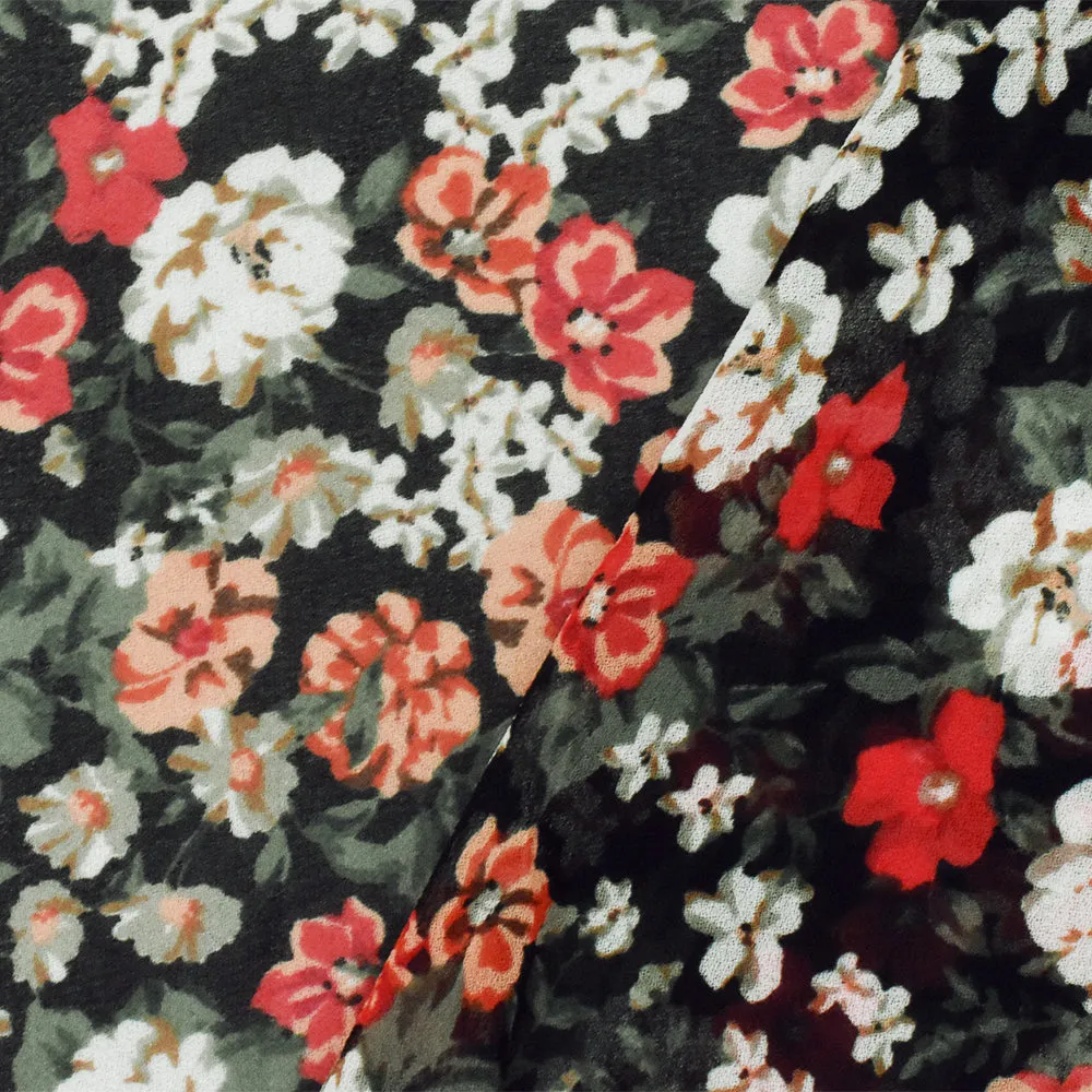 Black-Red-Multi Floral Printed Poly Chiffon Woven Fabric