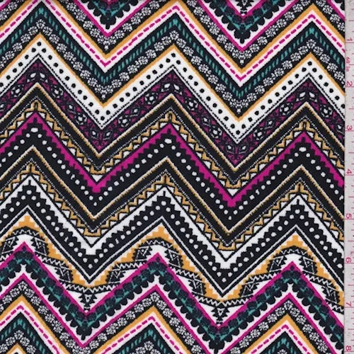 Black/Fuchsia/Gold Zig Zag Rayon Challis Fabric