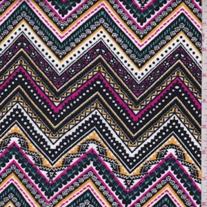 Black/Fuchsia/Gold Zig Zag Rayon Challis Fabric