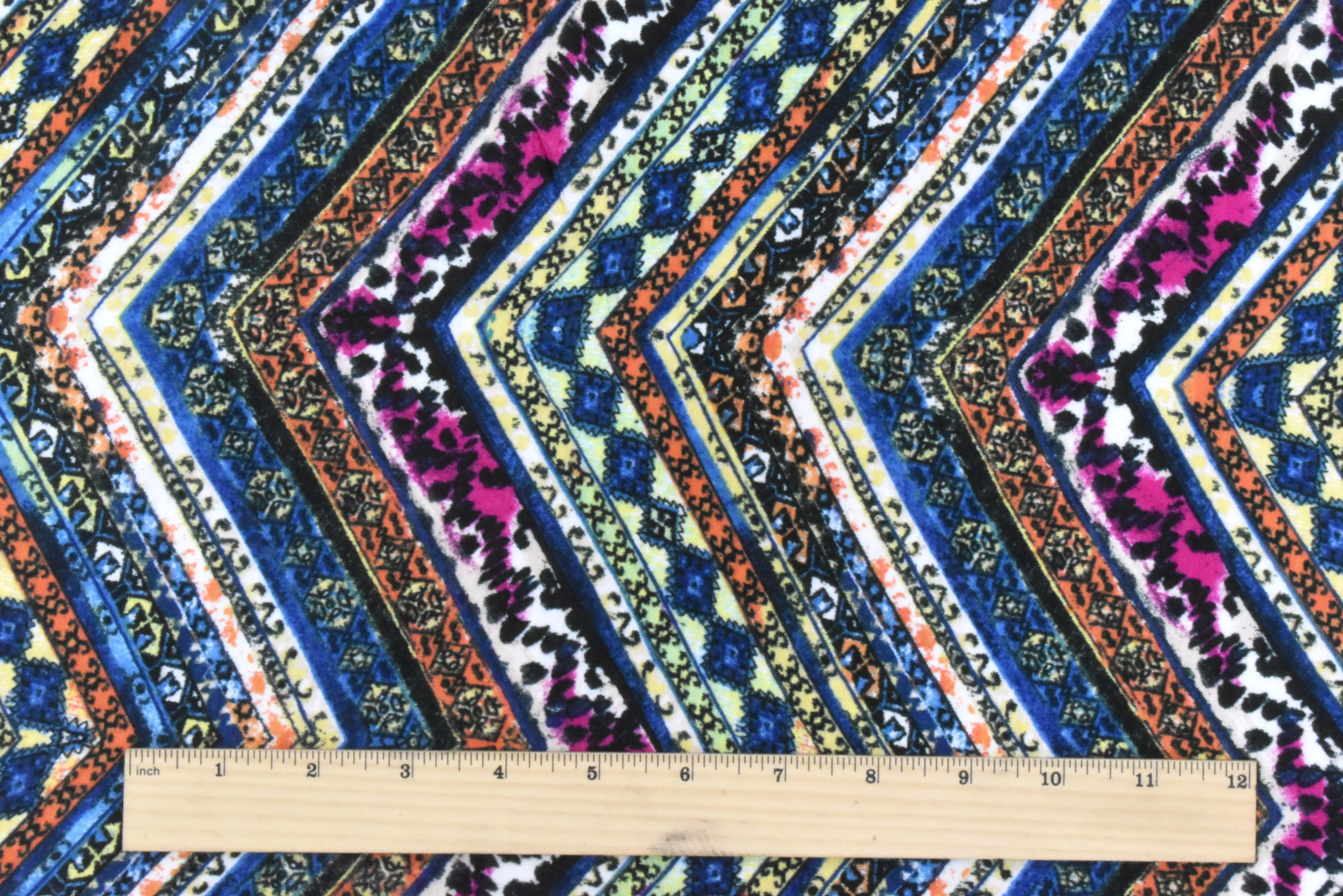 Blue-Multi Mixed Pattern Chevron Printed Rayon Stretch Jersey Knit Fabric