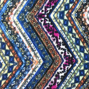 Blue-Multi Mixed Pattern Chevron Printed Rayon Stretch Jersey Knit Fabric