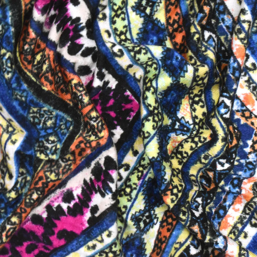 Blue-Multi Mixed Pattern Chevron Printed Rayon Stretch Jersey Knit Fabric