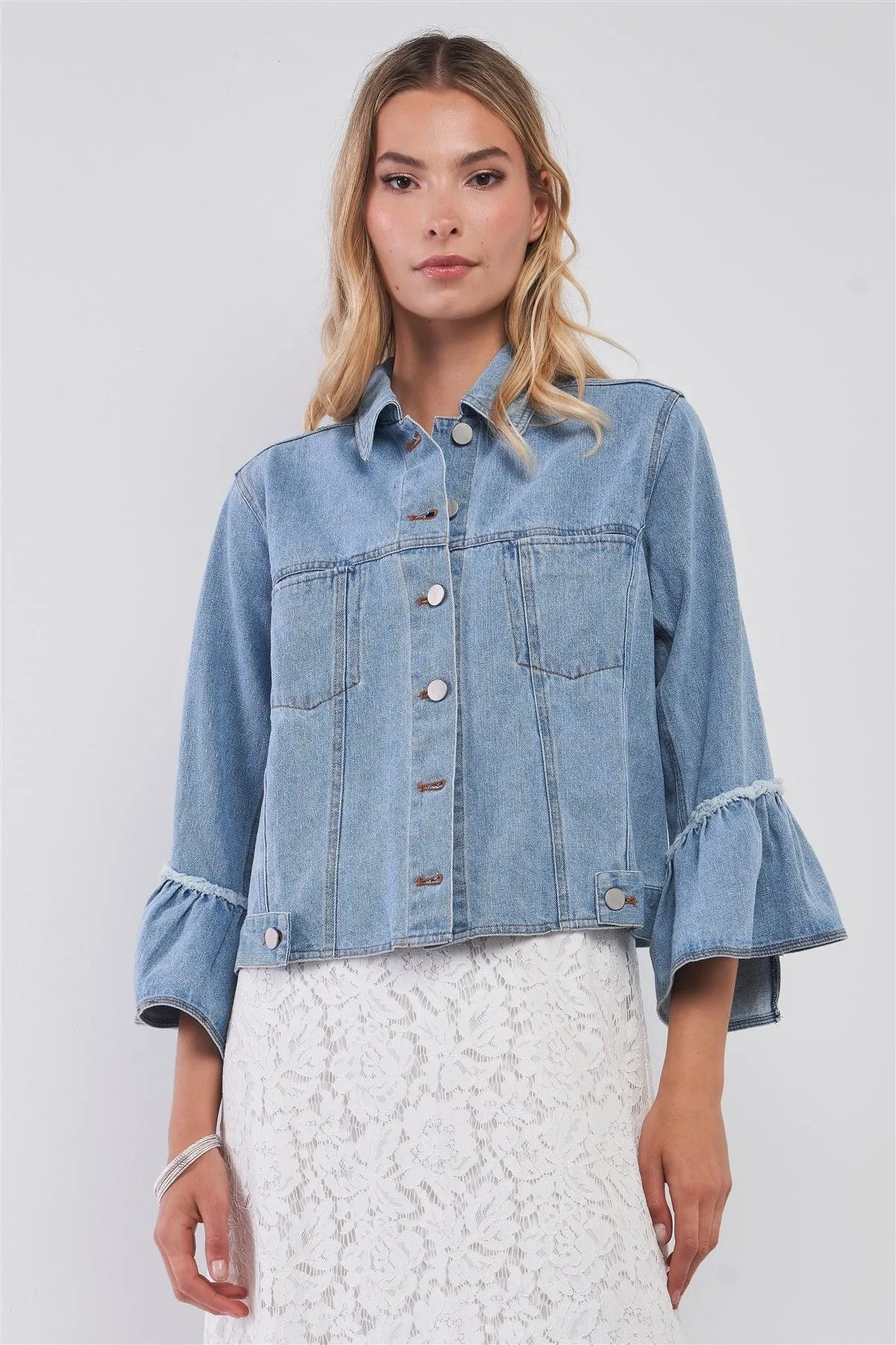 Button Up Ruffle Sleeve Detail Denim Jacket