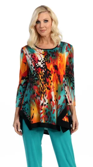 Caribe - Animal Rainbow, Black Trim Bottom 3/4 Sleeve Scoop Neck Swing Tunic