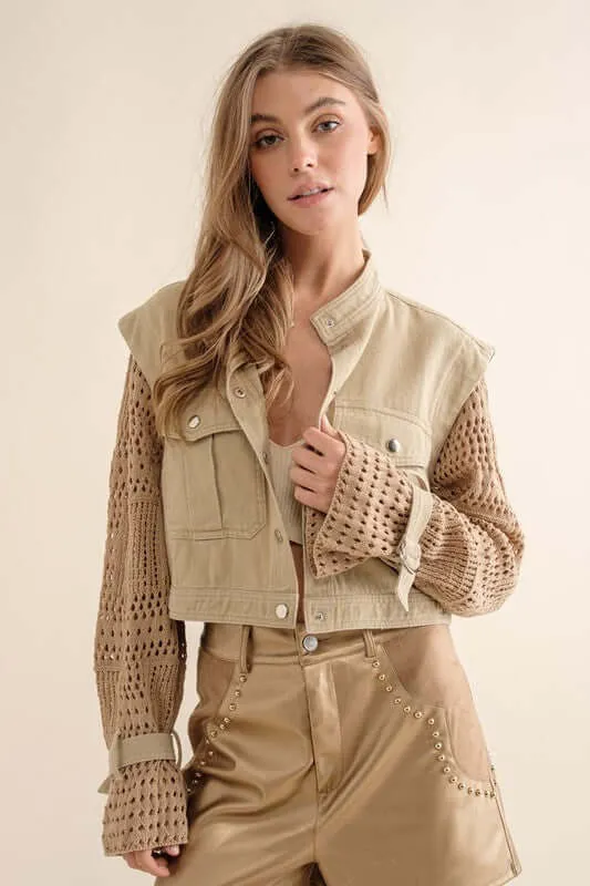 Chic Twill Crop Crochet Sleeve Jacket