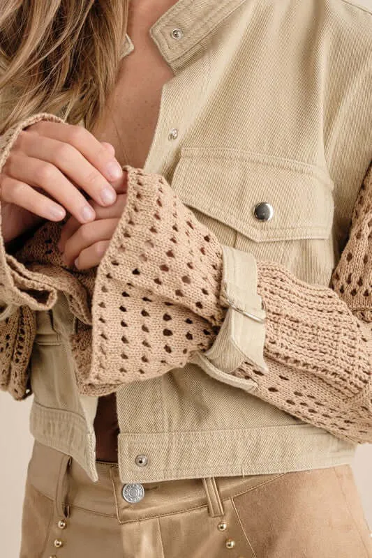 Chic Twill Crop Crochet Sleeve Jacket