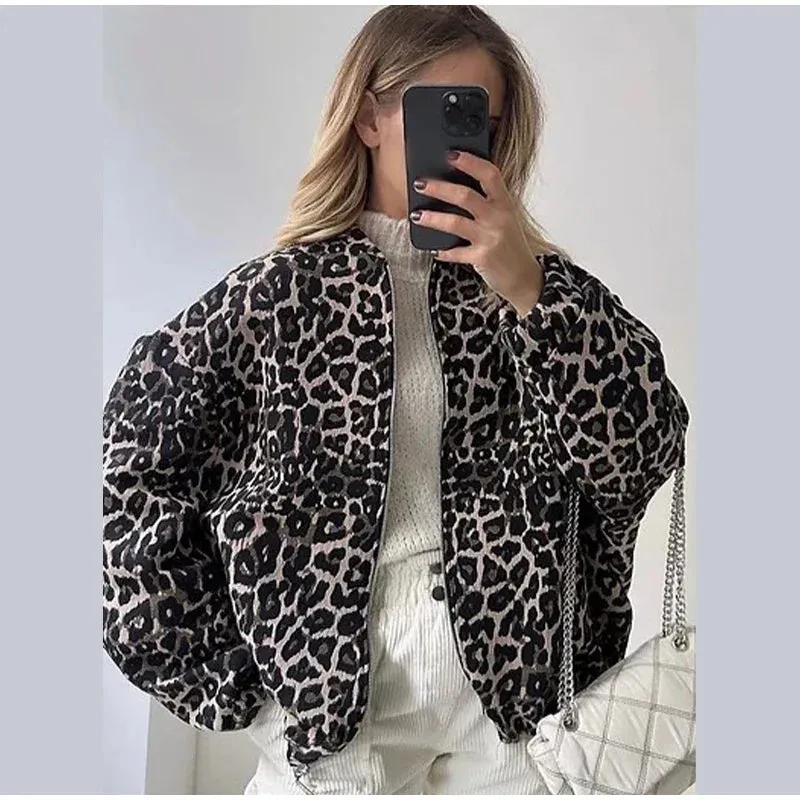 Chic Vintage Leopard Print Cotton fall Coat bomber jacket