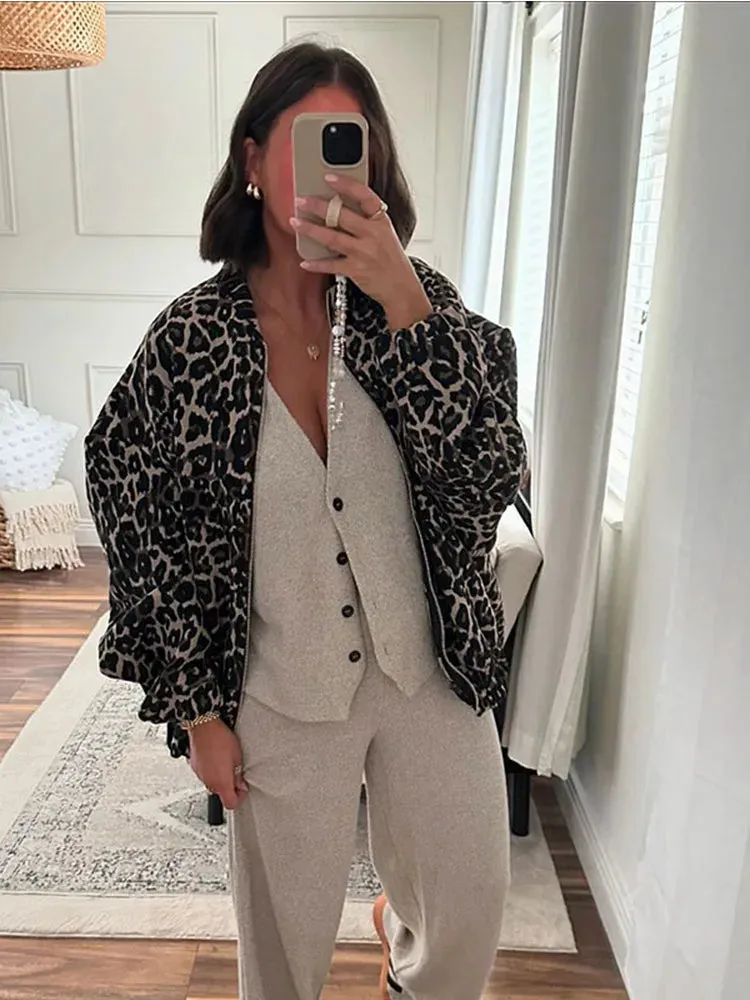 Chic Vintage Leopard Print Cotton fall Coat bomber jacket