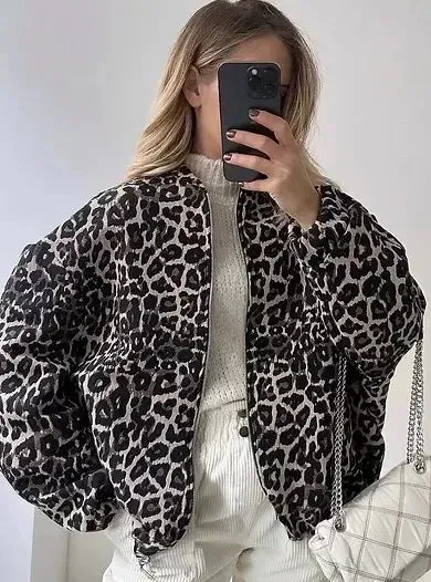 Chic Vintage Leopard Print Cotton fall Coat bomber jacket