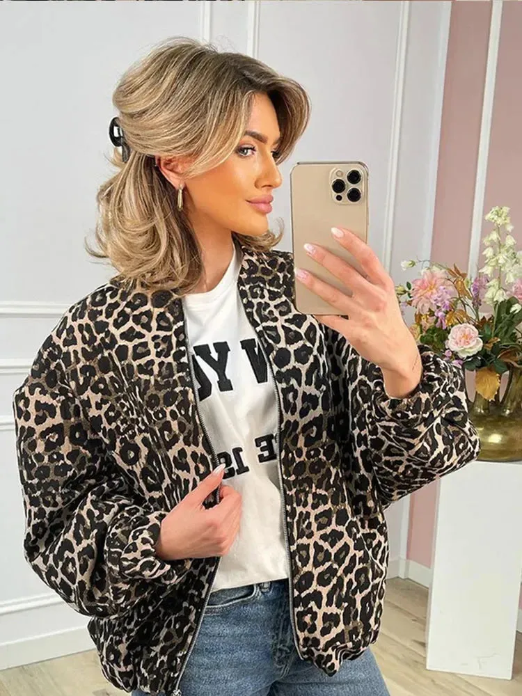 Chic Vintage Leopard Print Cotton fall Coat bomber jacket