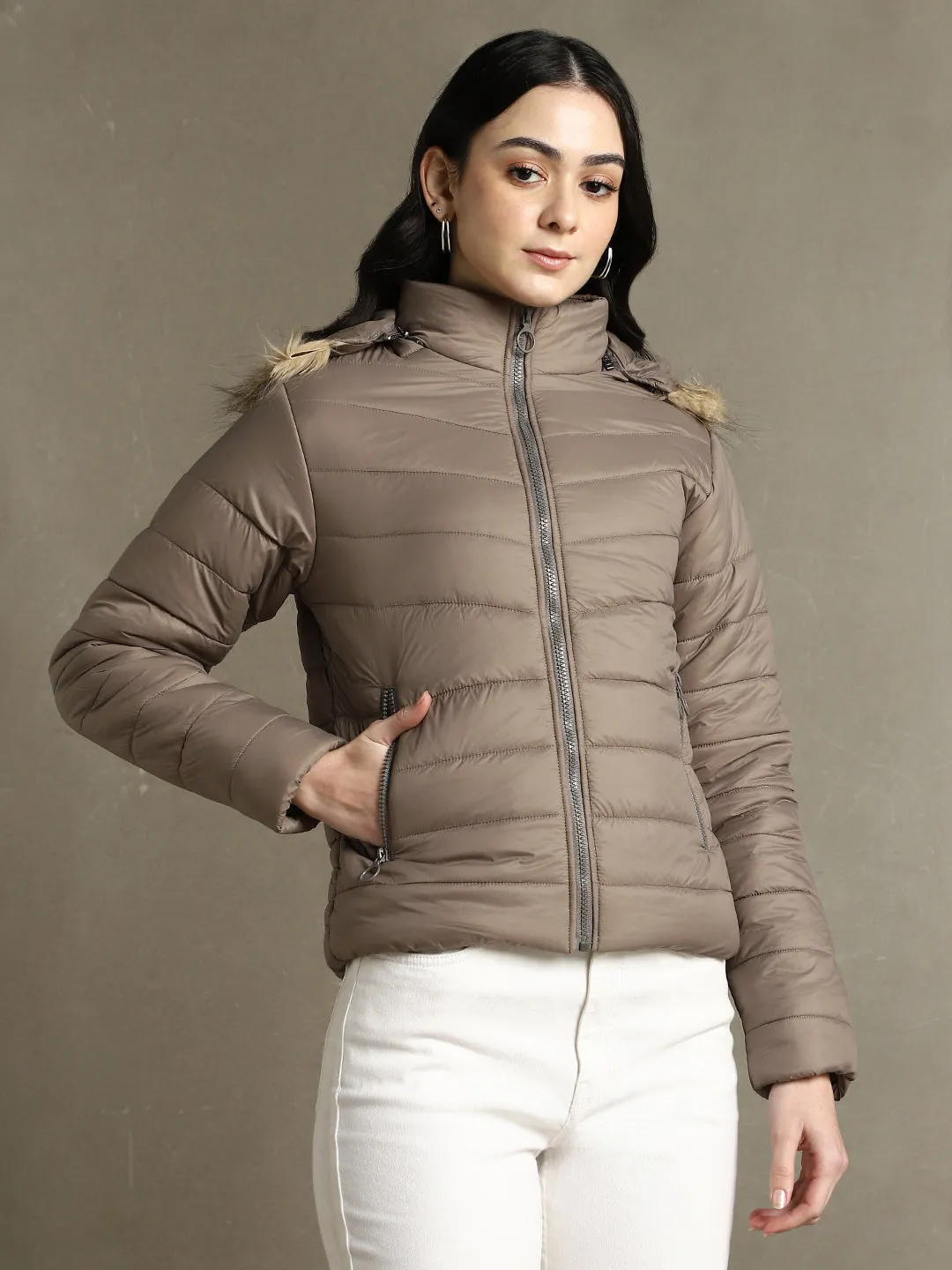 DL Woman Brown Hooded Full Sleeves Puffer Jacket