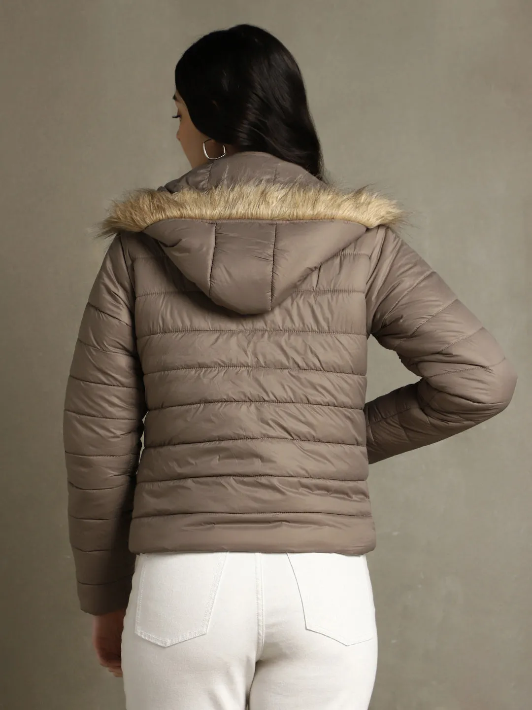 DL Woman Brown Hooded Full Sleeves Puffer Jacket