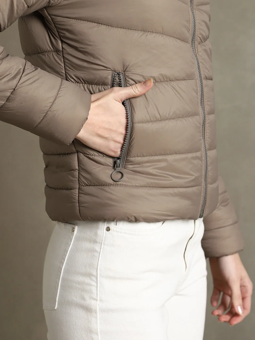 DL Woman Brown Hooded Full Sleeves Puffer Jacket