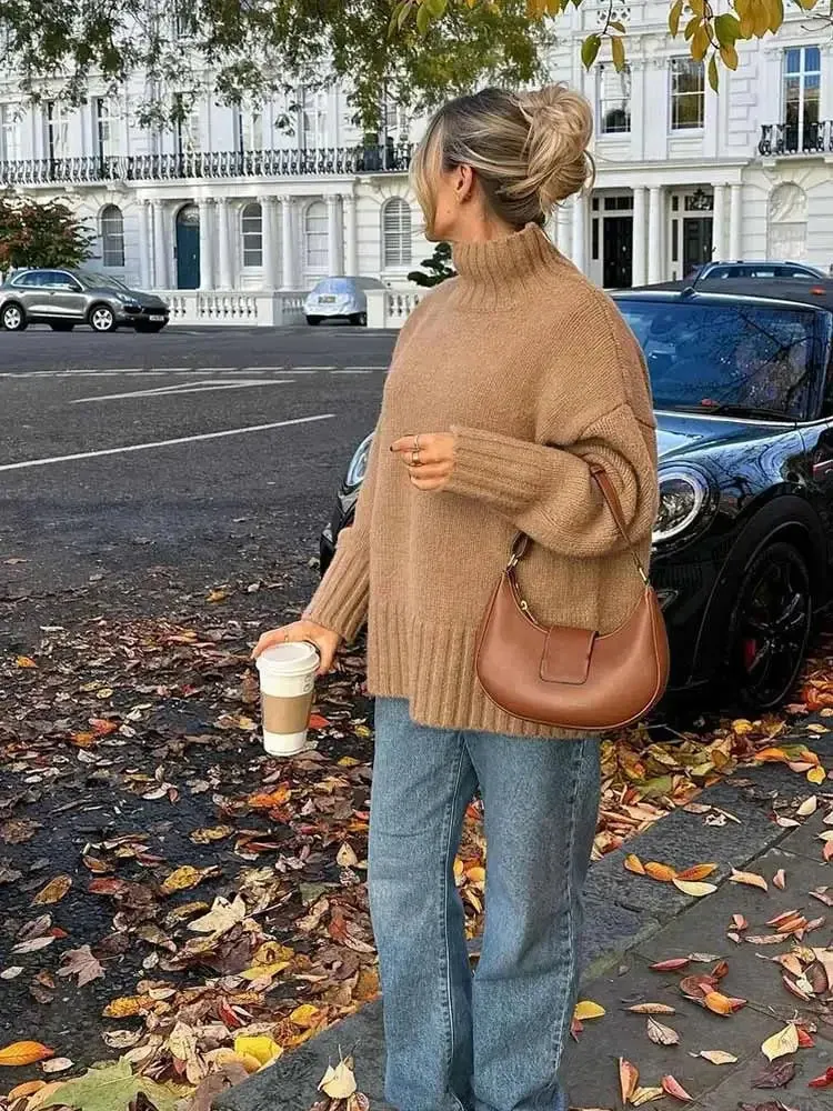 Elegant Solid Turtleneck Knitted Women Casual Long Sleeve Loose Sweater