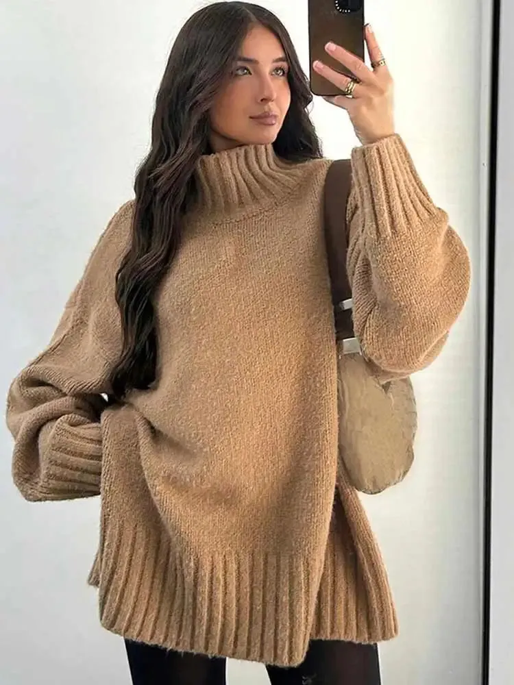 Elegant Solid Turtleneck Knitted Women Casual Long Sleeve Loose Sweater