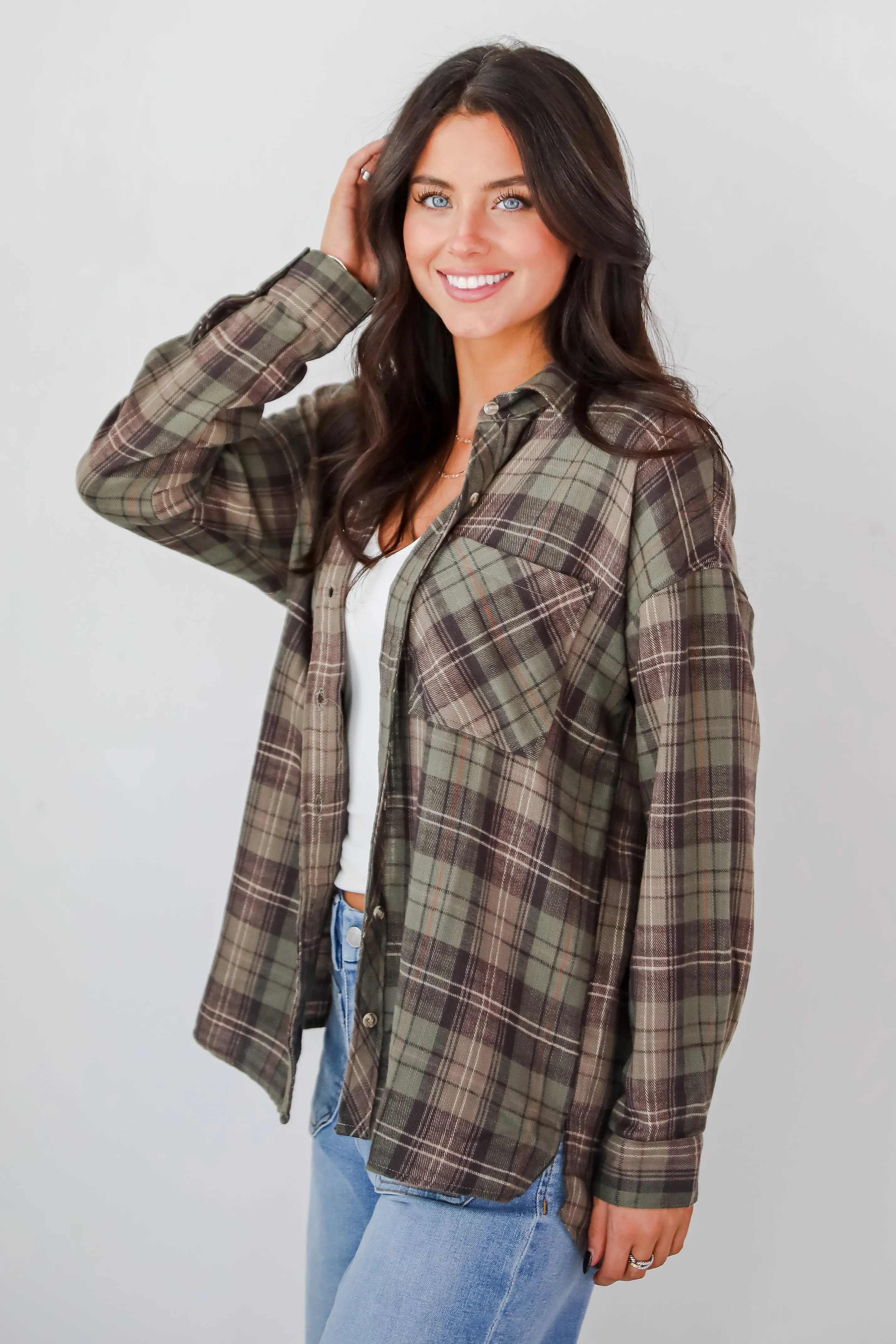 FINAL SALE - Significantly Chic Light Olive Plaid Flannel