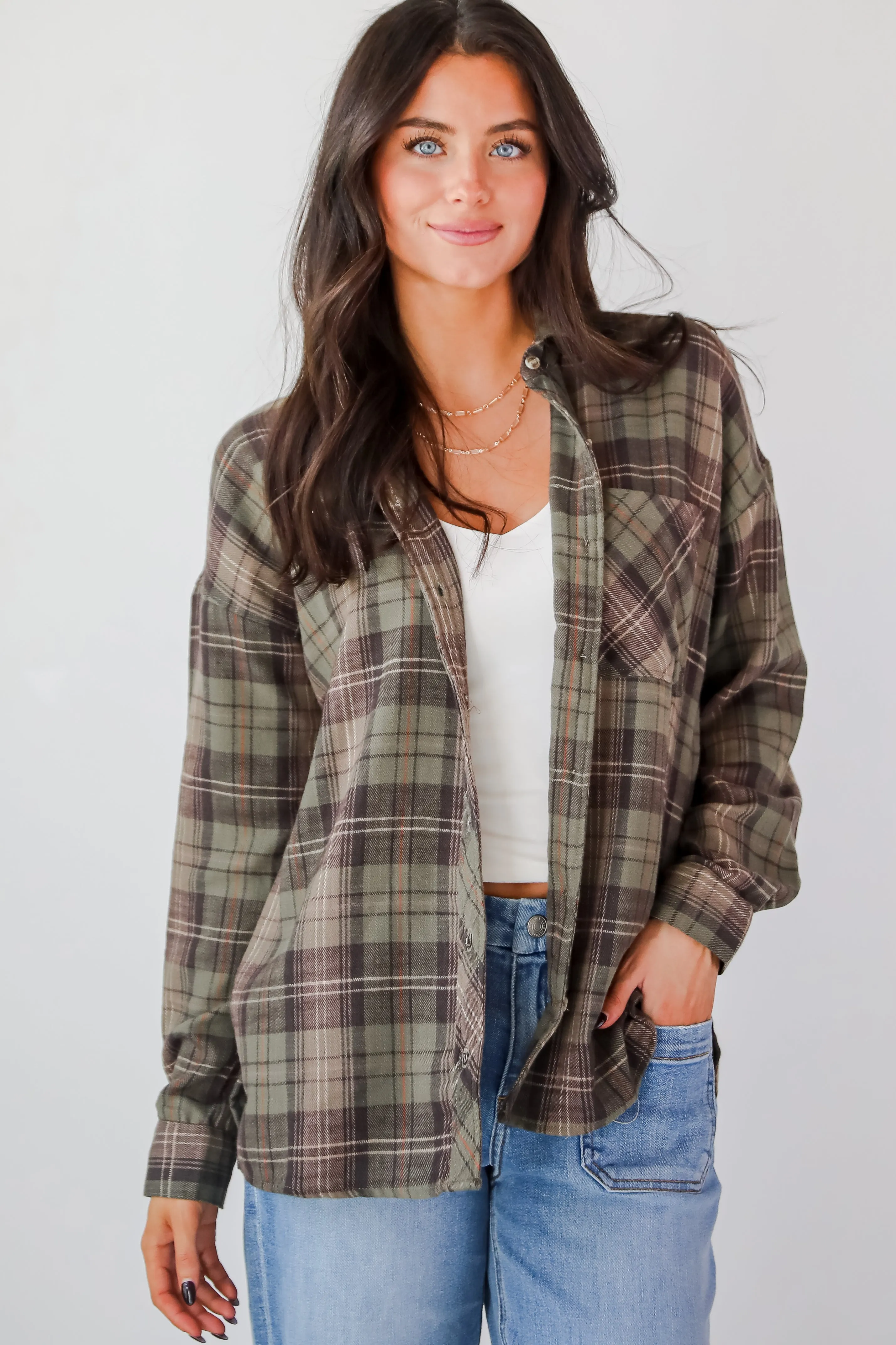 FINAL SALE - Significantly Chic Light Olive Plaid Flannel