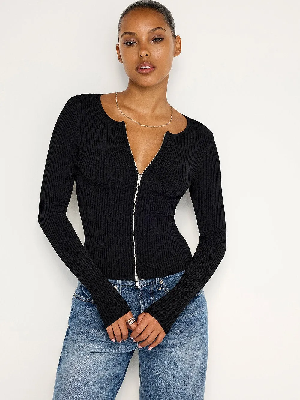 Good American Virgo Rib Zip Front Sweater