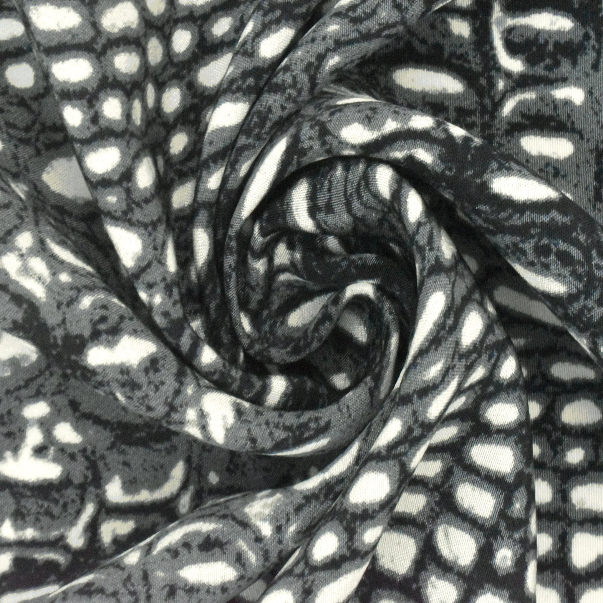 Gray-Black-Ivory Reptile Printed Silk Crepe De Chine Fabric