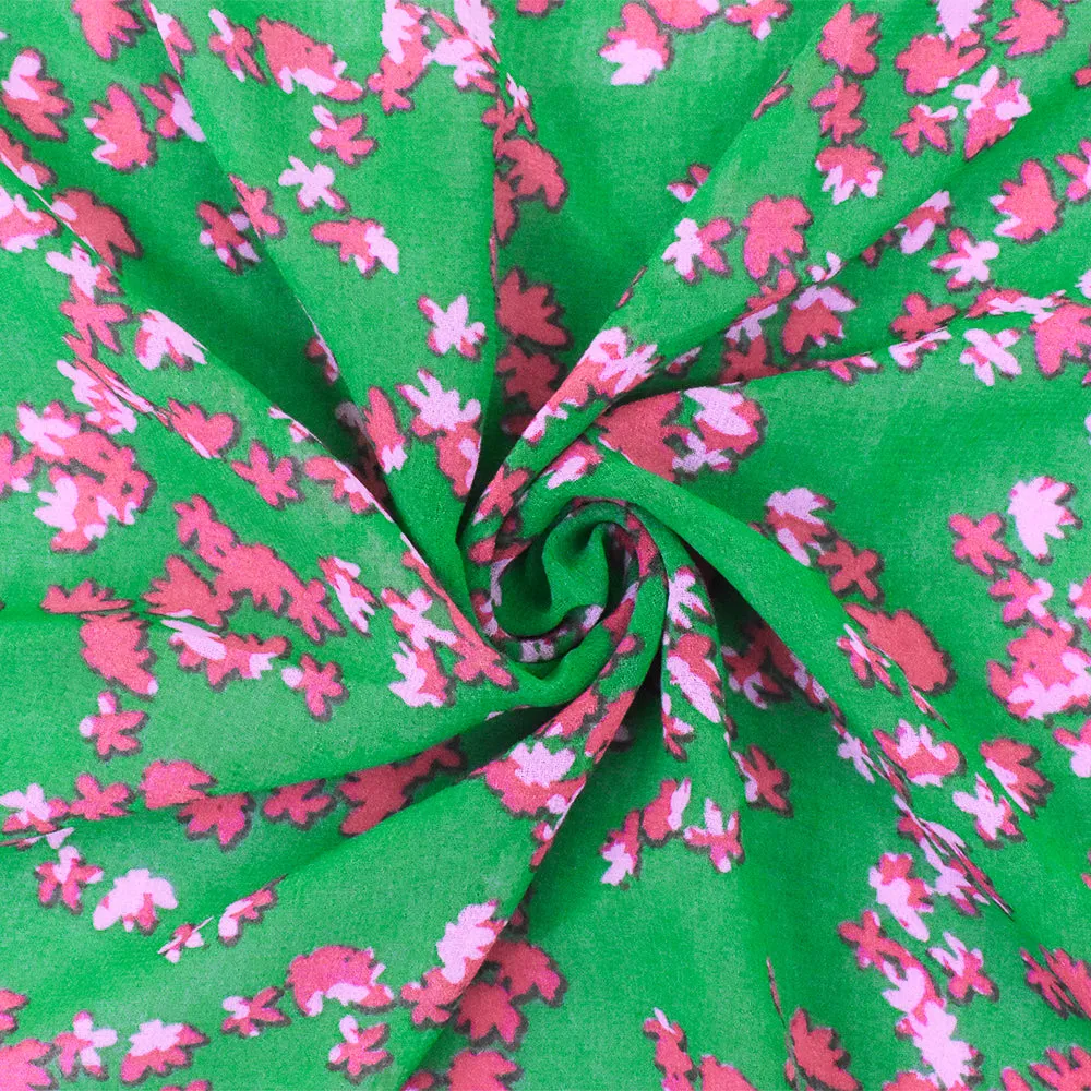 Green-Pink Floral Printed Poly Chiffon Woven Fabric