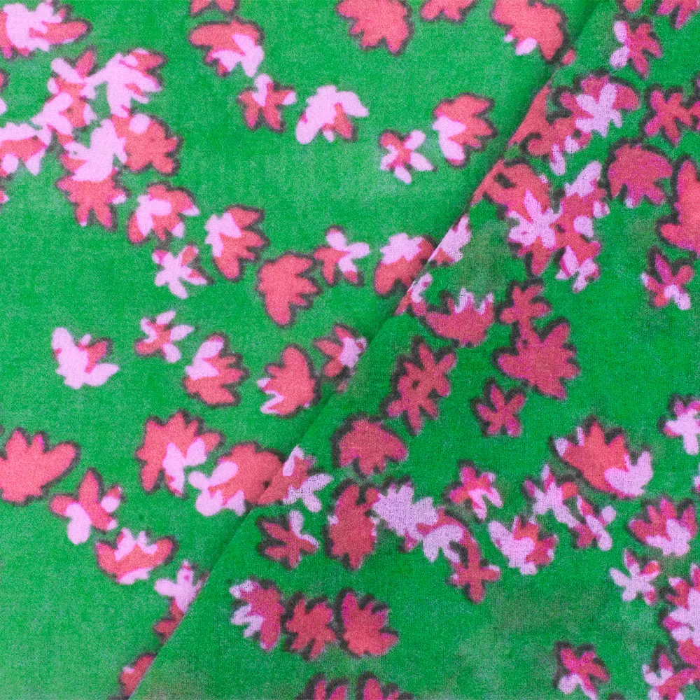 Green-Pink Floral Printed Poly Chiffon Woven Fabric