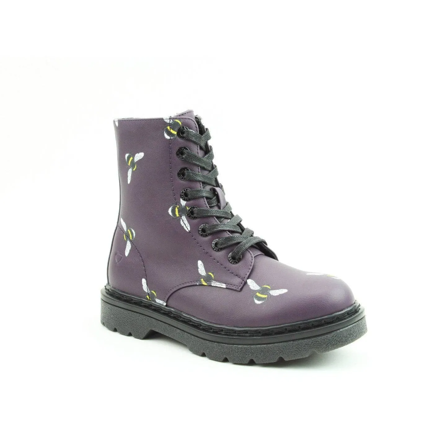 Heavenly Feet Justina 2 Bee Print Ladies Purple Vegan Zip & Lace Ankle Boots