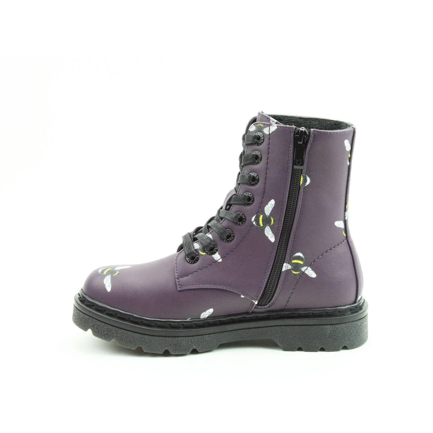 Heavenly Feet Justina 2 Bee Print Ladies Purple Vegan Zip & Lace Ankle Boots