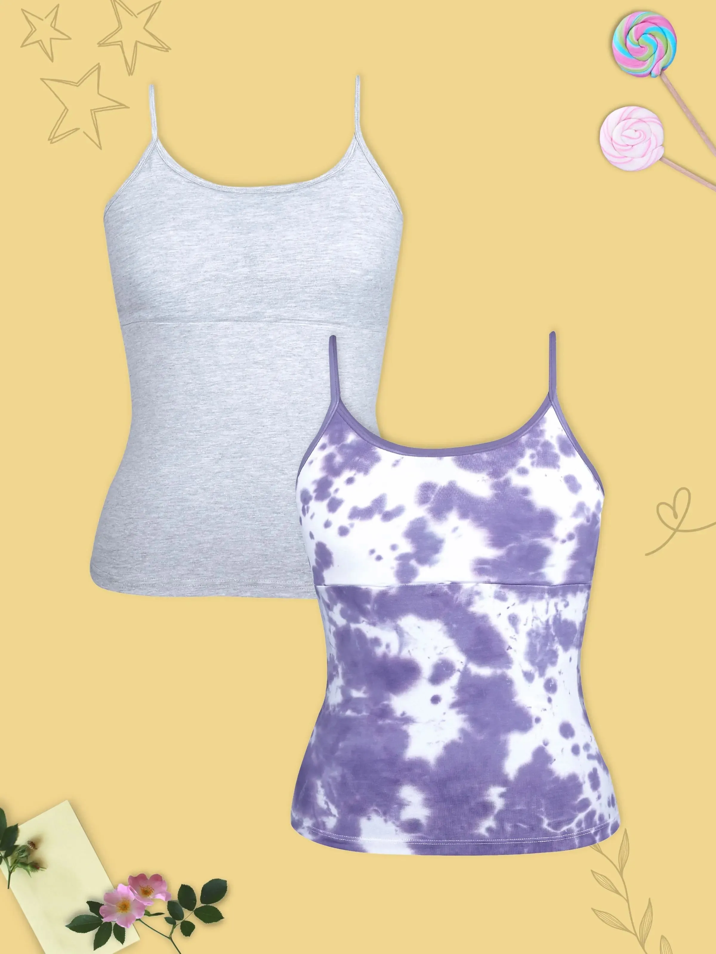 High Coverage Cotton Camisole Bra in Purple and Grey with Adjustable Straps