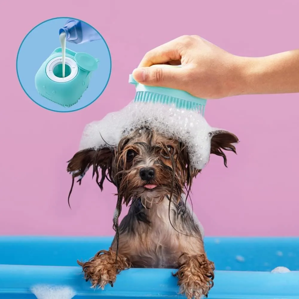 Homestic Pack of 2 Dog Brush With Shampoo Container|Cat & Dog Bath Brush For Bathing|Exfoliating|Scrubbing|Massaging & Relaxing|Soft Silicone|Suitable For All Pets|PT230B|Blue