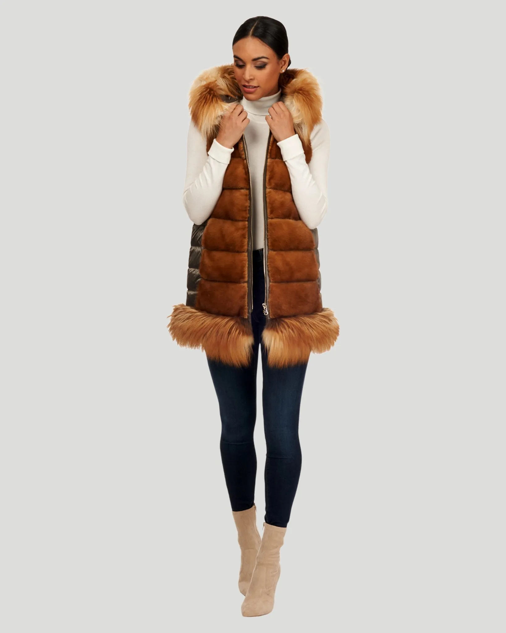 Horizontal Mink Zip Vest with Fox Trim, and Jacket with Beading