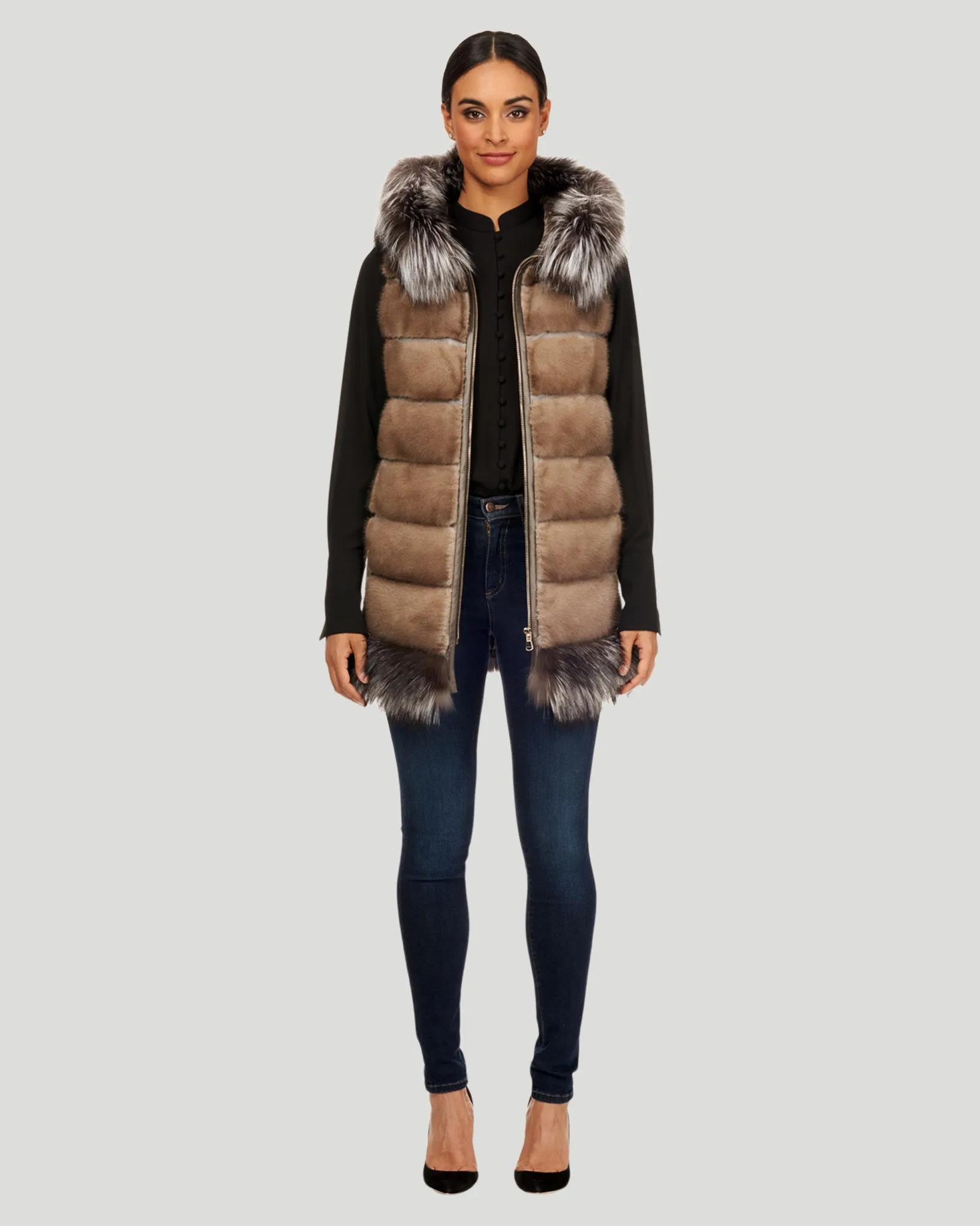 Horizontal Mink Zip Vest with Fox Trim, and Jacket with Beading