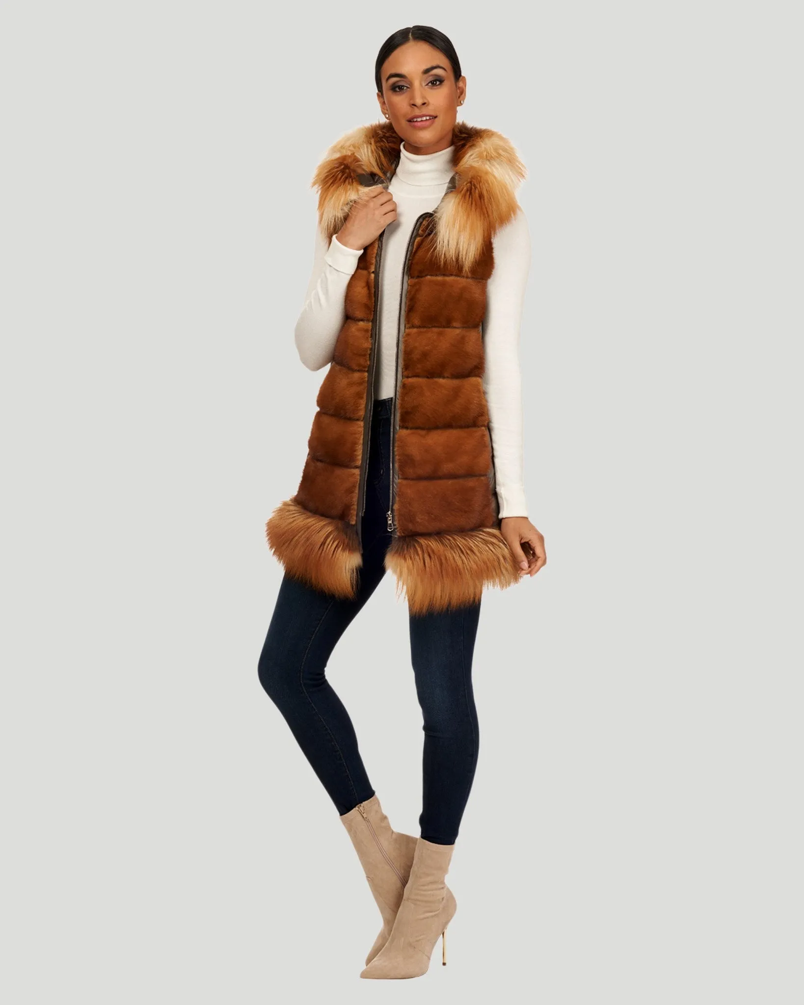 Horizontal Mink Zip Vest with Fox Trim, and Jacket with Beading