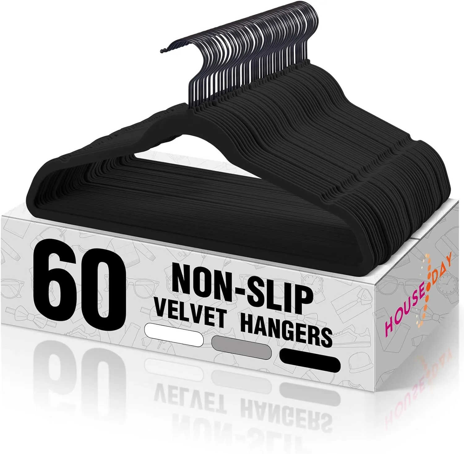 HOUSE DAY Black Velvet Hangers 60 Pack Black Hook