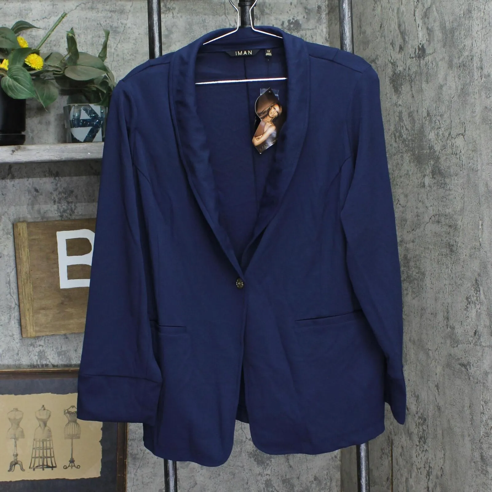 Iman Womens Global Chic Knit Luxury Resort Blazer Jacket Navy Blue 1X