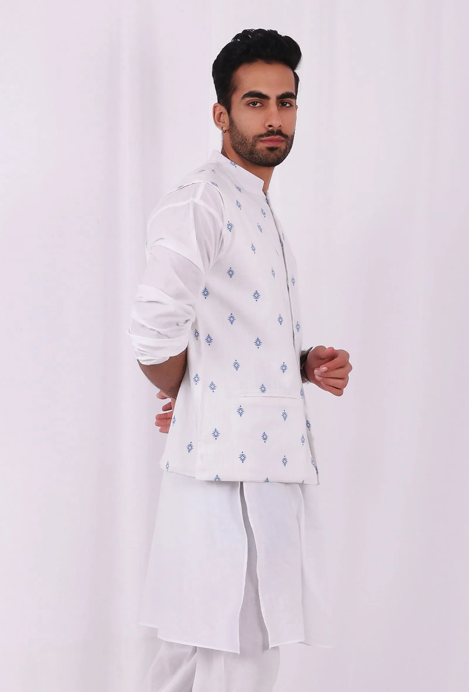 Irish White Floral Hand Block Nehru Cotton Jacket