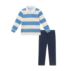 Kids Rugby Shirt & Pique Pant Set | Blue Cream Striped