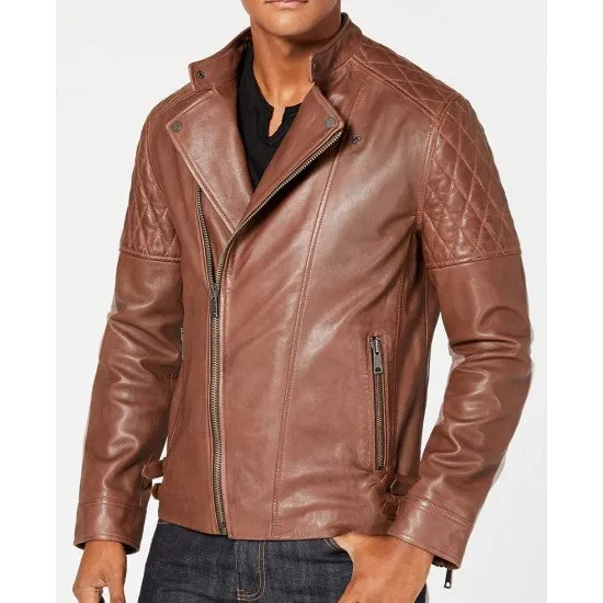 Mens Quilted Brown Leather Motorcycle Jacket