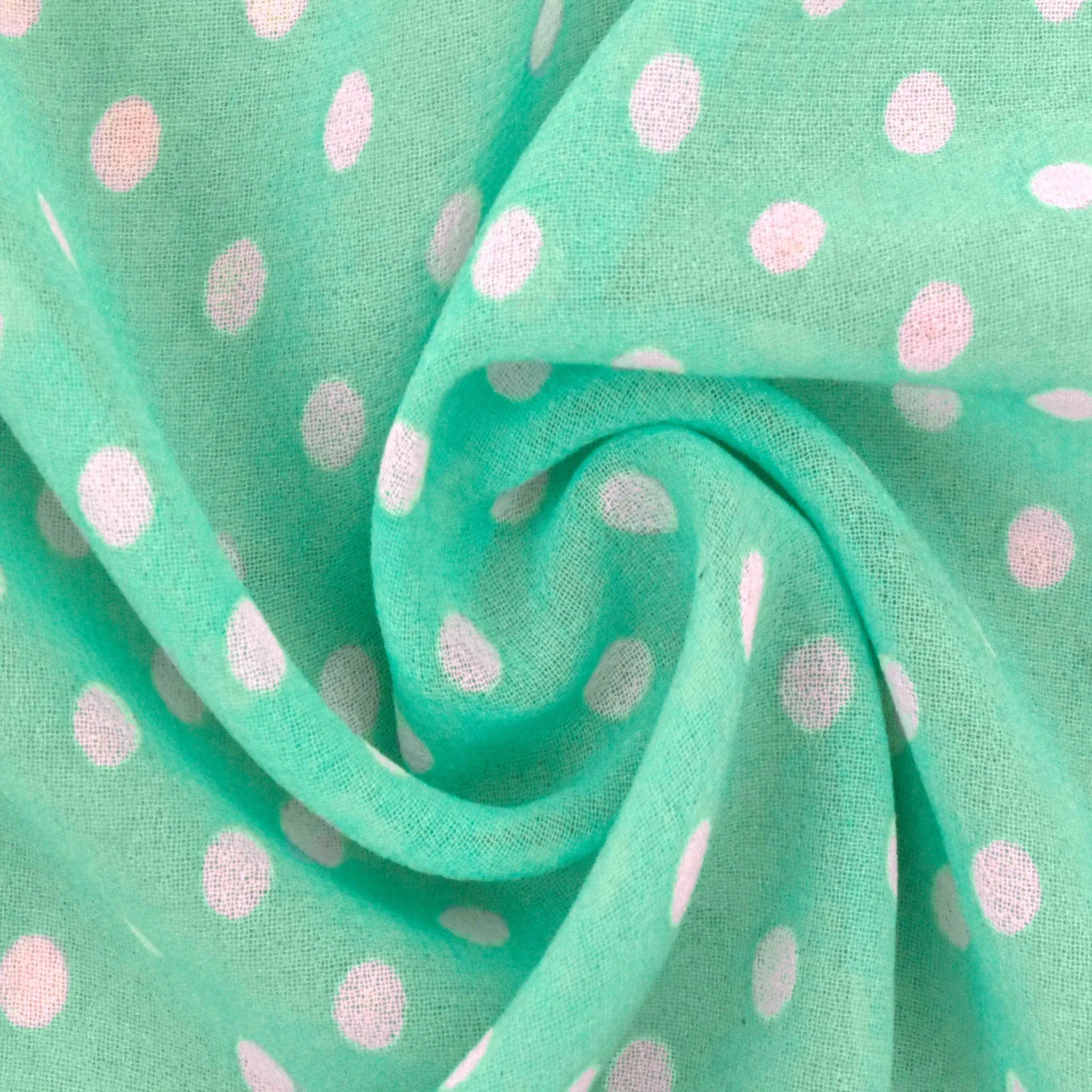 Mint Teal-White Polka Dot Printed Poly Chiffon Woven Fabric