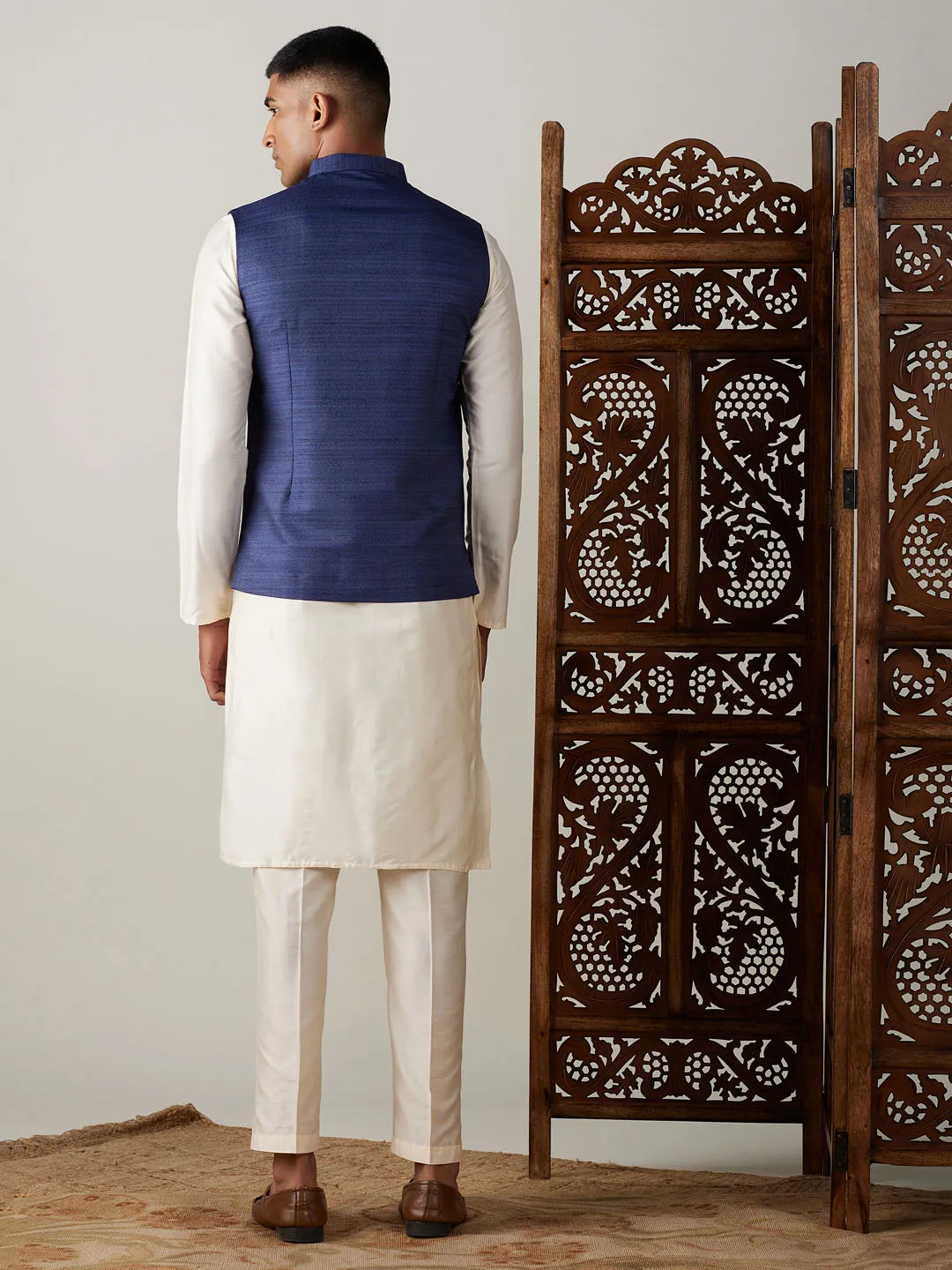 Navy Blue Solid Nehru Jacket Set